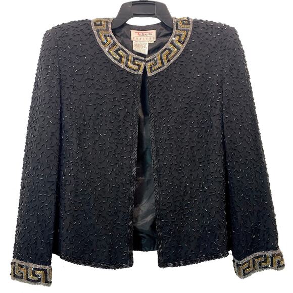 90s Y2K Black Heavily Beaded Silk Jacket Gold Silver Greek Key - Picture 1 of 10